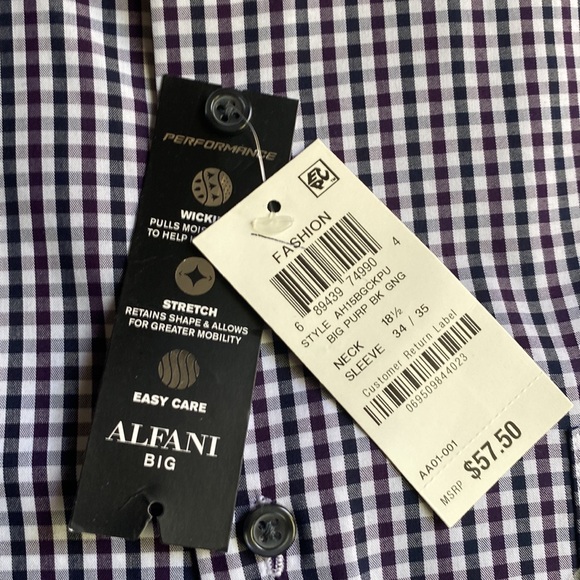 New Alfani plaid dress shirt black purple white Big Mens size 18 1/2 34-35 - Picture 2 of 5